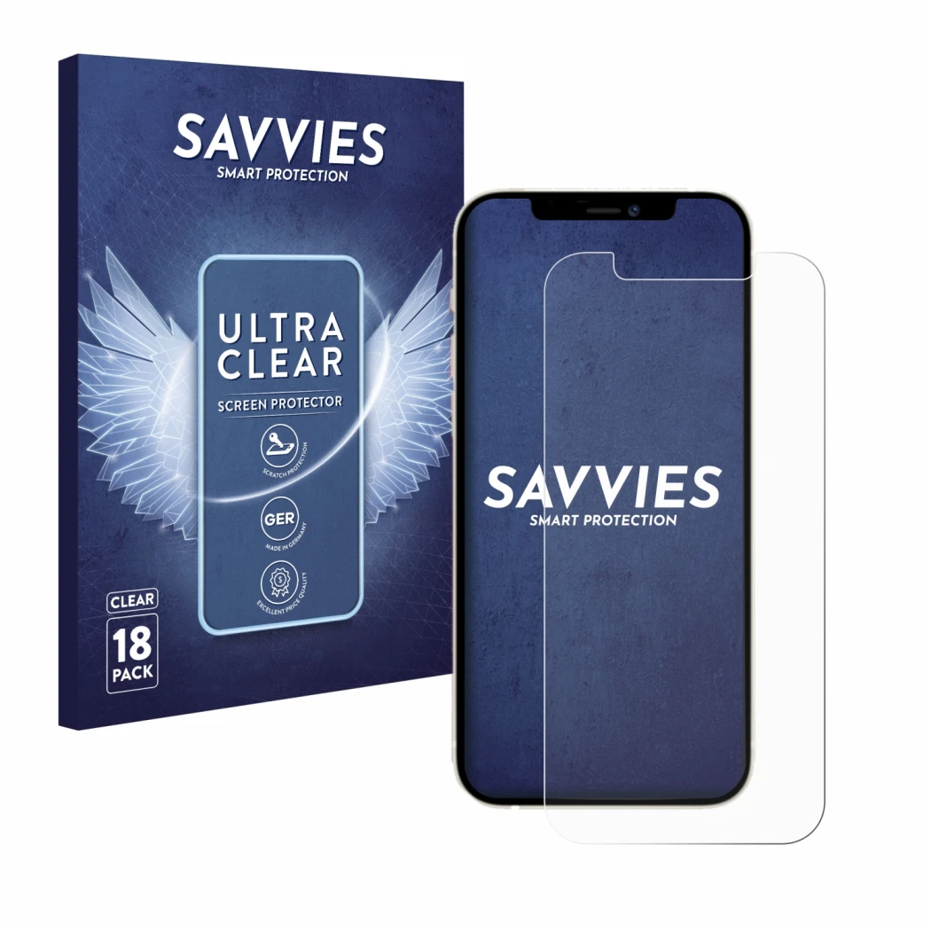 Vorderseite einer Produktverpackung mit dem Markenlogo Savvies. Daneben ist das Gerät Apple iPhone 12 Pro mit dem zugehörigen 