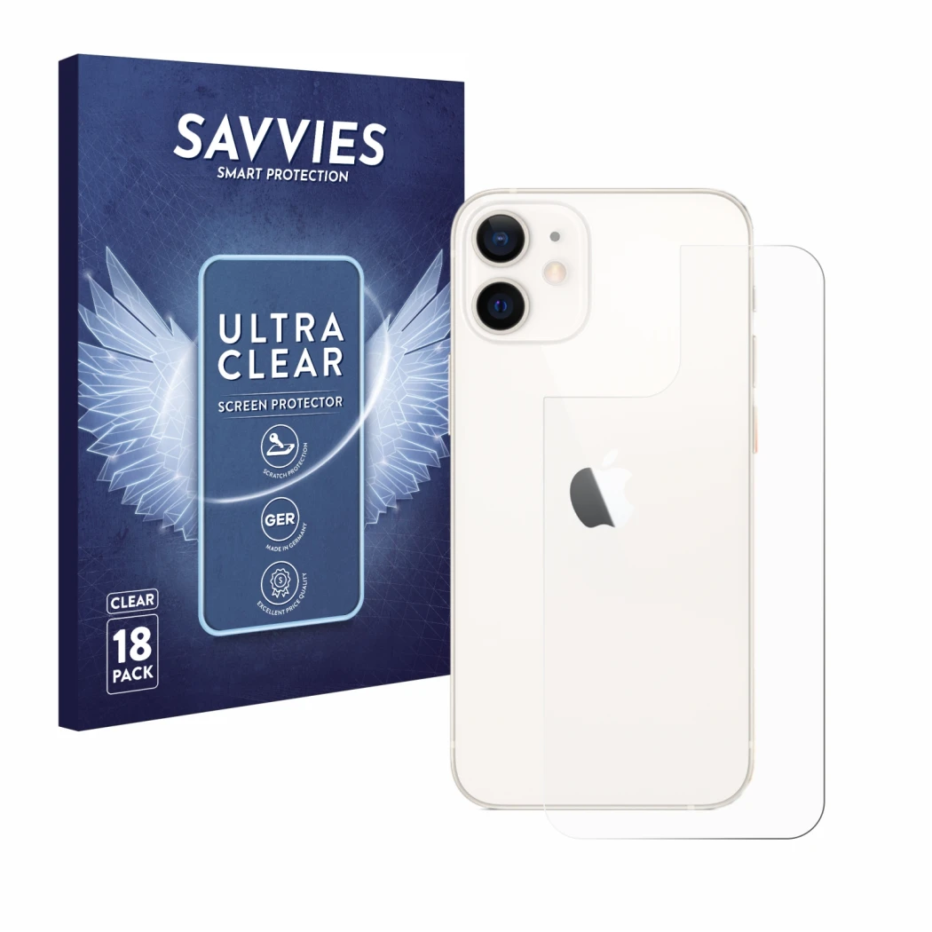 Vorderseite einer Produktverpackung mit dem Markenlogo Savvies. Daneben ist das Gerät Apple iPhone 12 mini (Rückseite) mit dem
