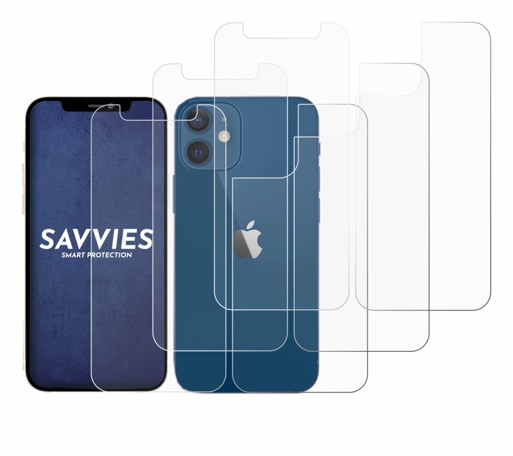 Abbildung des Geräts Apple iPhone 12 mini (Display+Rückseite) mit einer Vielzahl des Displayschutzes.