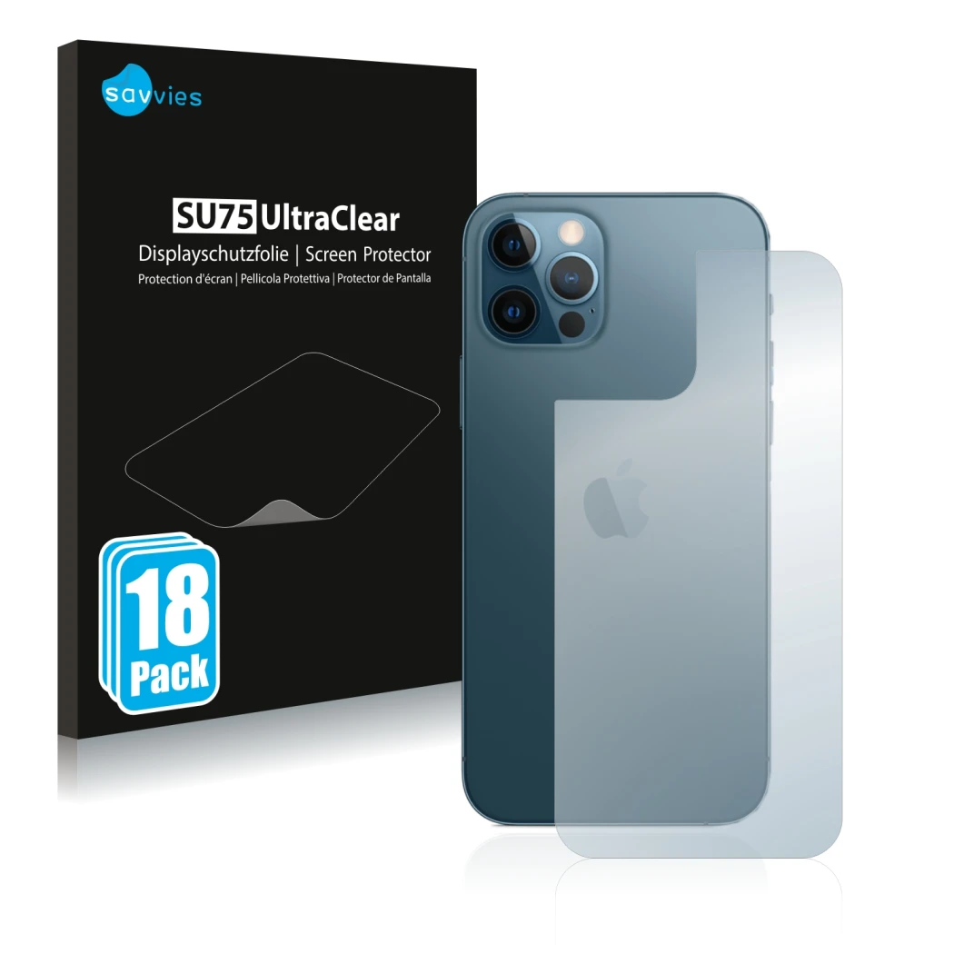 Vorderseite einer Produktverpackung mit dem Markenlogo Savvies. Daneben ist das Gerät Apple iPhone 12 Pro (Rückseite) mit dem 