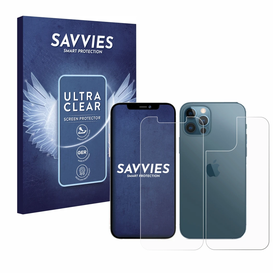 Vorderseite einer Produktverpackung mit dem Markenlogo Savvies. Daneben ist das Gerät Apple iPhone 12 Pro Max (Display+Rücksei