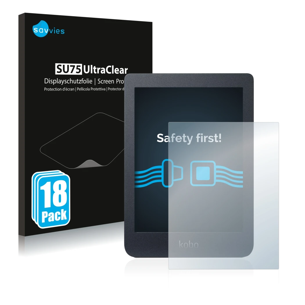 Vorderseite einer Produktverpackung mit dem Markenlogo Savvies. Daneben ist das Gerät Kobo Nia mit dem zugehörigen Displayschu