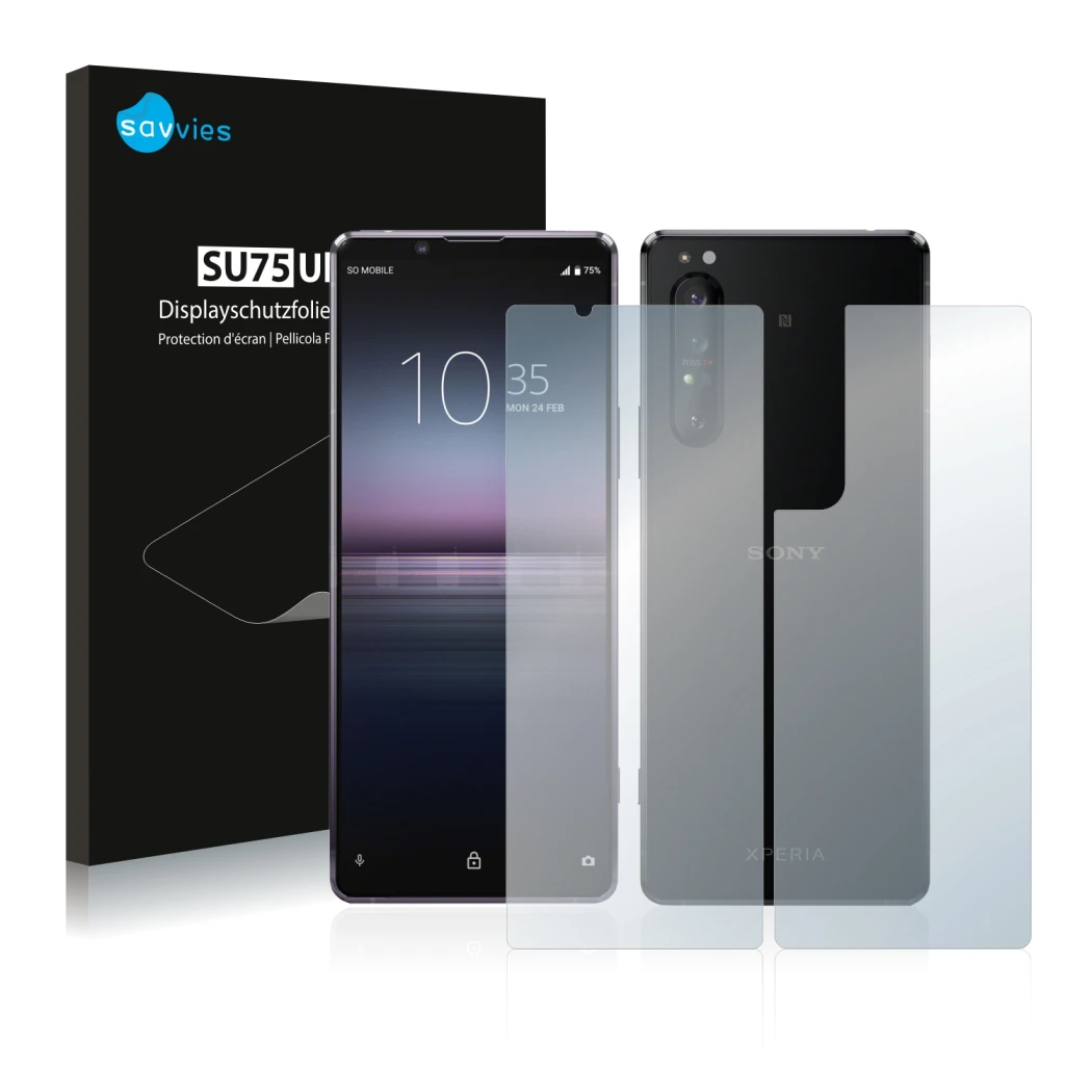 Vorderseite einer Produktverpackung mit dem Markenlogo Savvies. Daneben ist das Gerät Sony Xperia 1 II (Display+Rückseite) mit