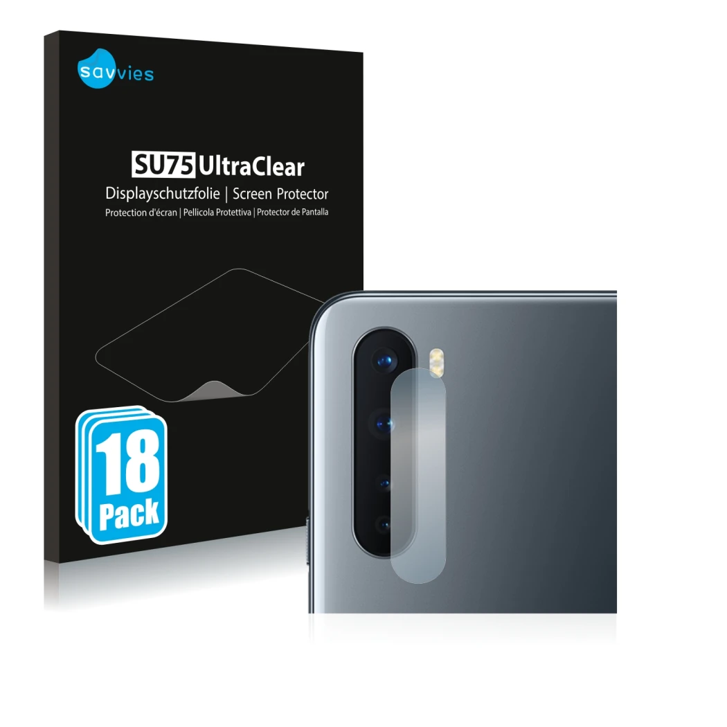 Vorderseite einer Produktverpackung mit dem Markenlogo Savvies. Daneben ist das Gerät OnePlus Nord (NUR Kameraschutz) mit dem 
