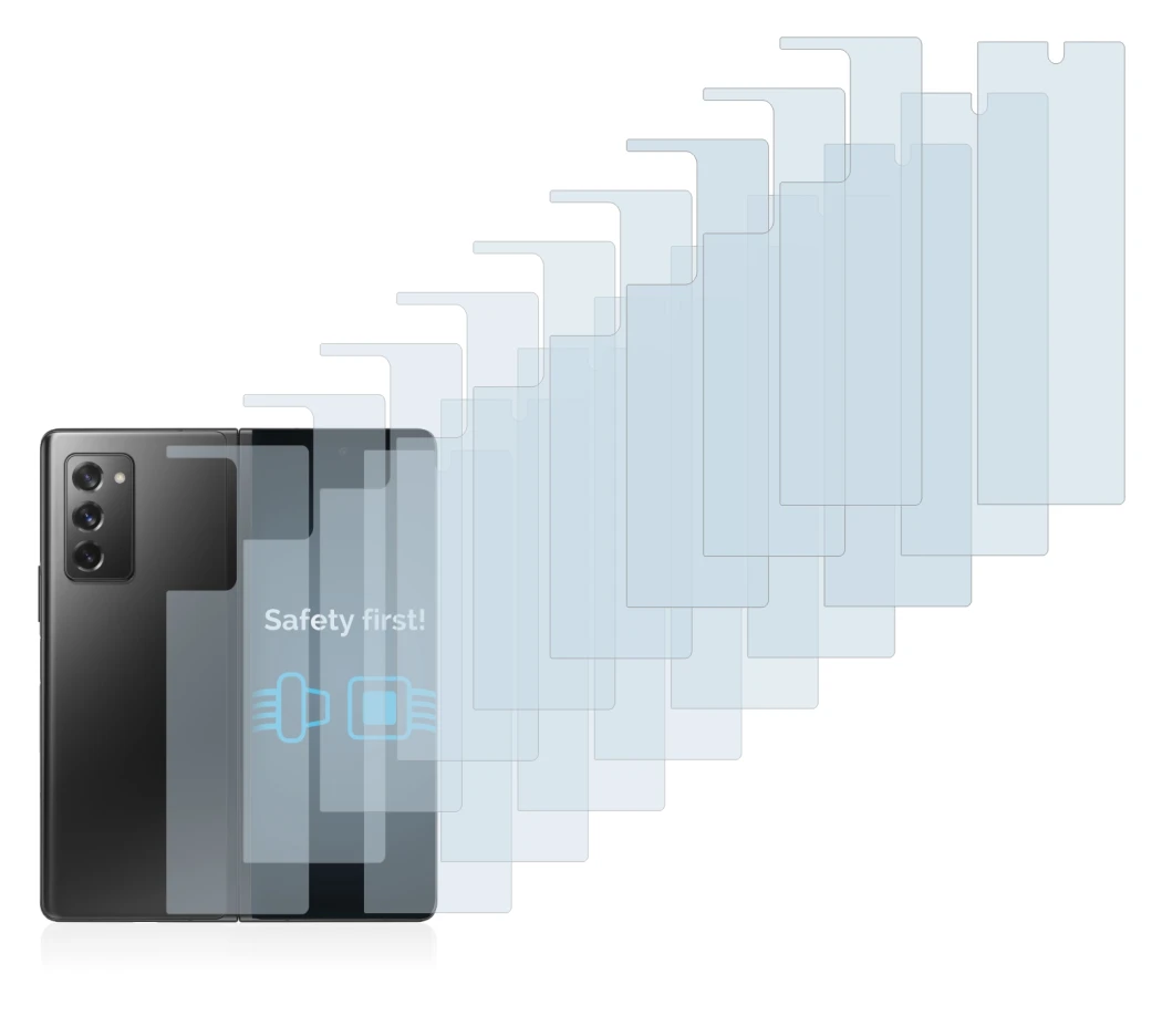 Abbildung des Geräts Samsung Galaxy Z Fold 2 5G (Display+Rückseite) mit einer Vielzahl des Displayschutzes.