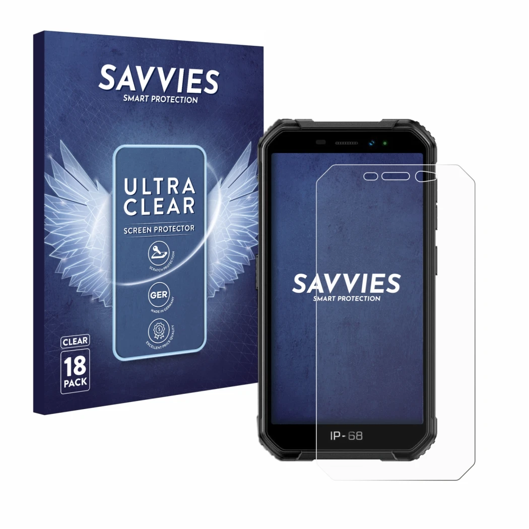 Vorderseite einer Produktverpackung mit dem Markenlogo Savvies. Daneben ist das Gerät Ulefone Armor X6 mit dem zugehörigen Dis