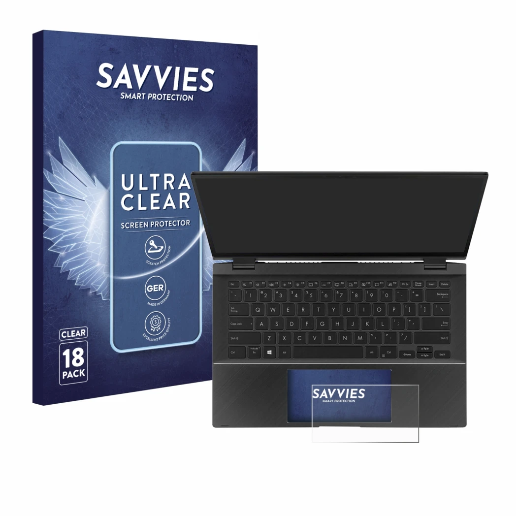 Vorderseite einer Produktverpackung mit dem Markenlogo Savvies. Daneben ist das Gerät ASUS ZenBook Flip 14 UX463FA (Touch Trac