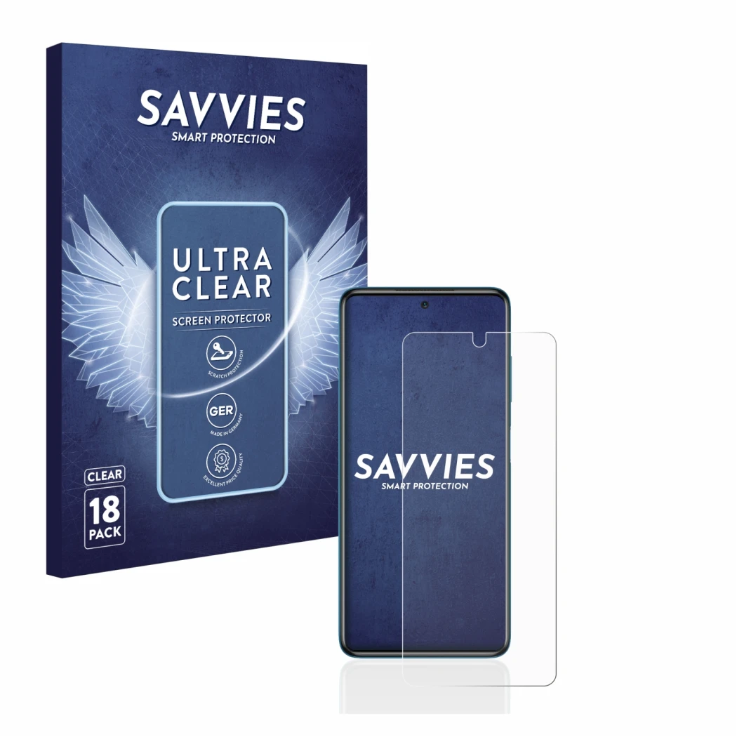 Vorderseite einer Produktverpackung mit dem Markenlogo Savvies. Daneben ist das Gerät Xiaomi Poco X3 NFC mit dem zugehörigen D