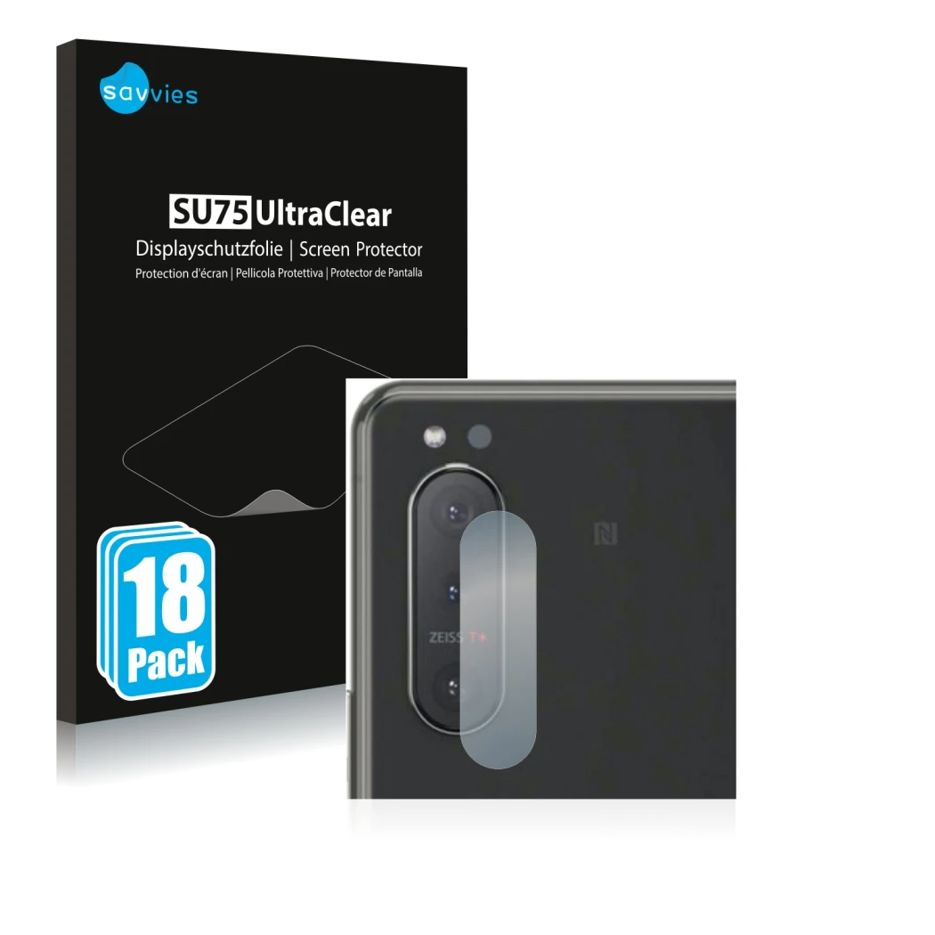 Vorderseite einer Produktverpackung mit dem Markenlogo Savvies. Daneben ist das Gerät Sony Xperia 5 II (NUR Kameraschutz) mit 