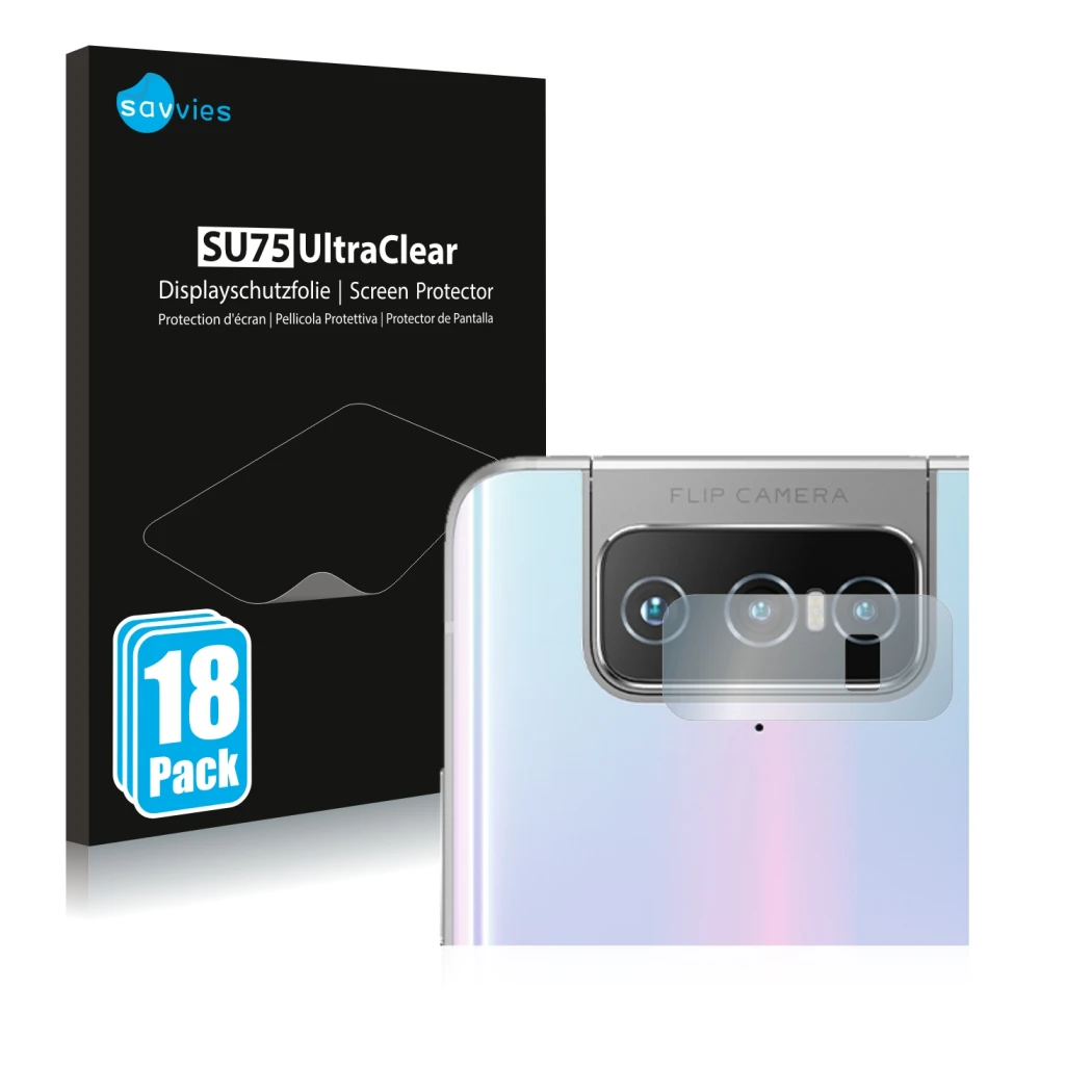 Vorderseite einer Produktverpackung mit dem Markenlogo Savvies. Daneben ist das Gerät ASUS Zenfone 7 Pro ZS671KS (NUR Kamerasc