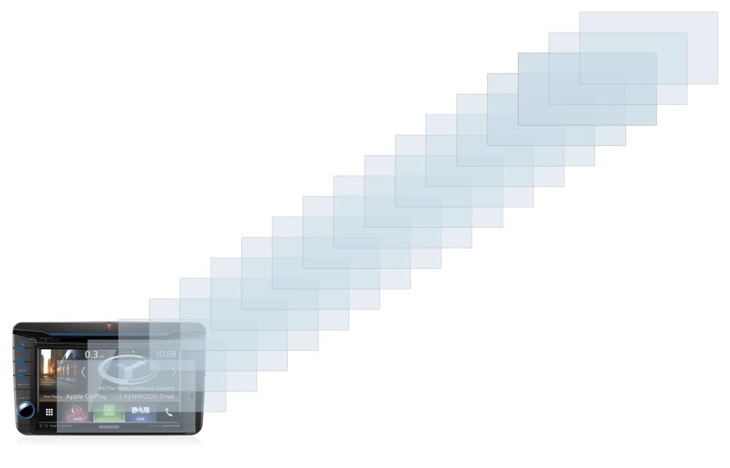 Abbildung des Geräts Kenwood DNX518VDABS mit einer Vielzahl des Displayschutzes.