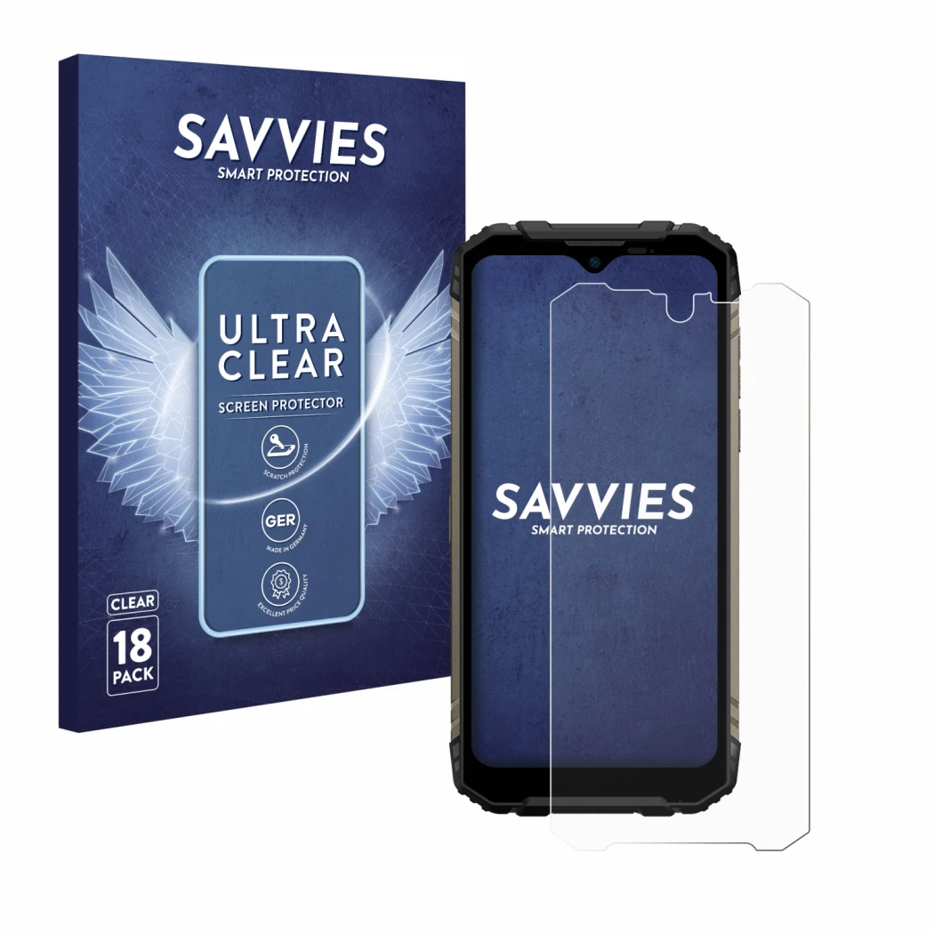 Vorderseite einer Produktverpackung mit dem Markenlogo Savvies. Daneben ist das Gerät Doogee S96 Pro mit dem zugehörigen Displ