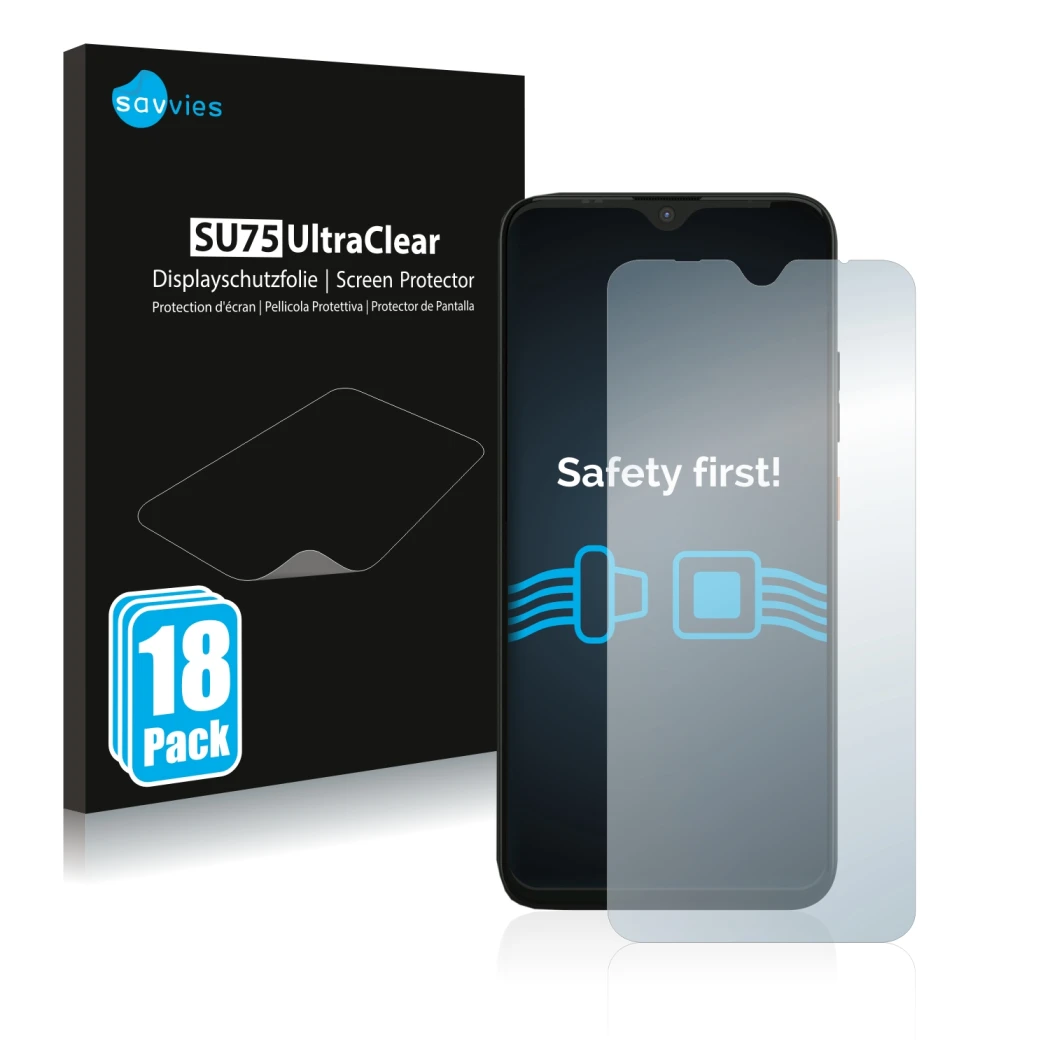 Vorderseite einer Produktverpackung mit dem Markenlogo Savvies. Daneben ist das Gerät Gigaset GS4 mit dem zugehörigen Displays