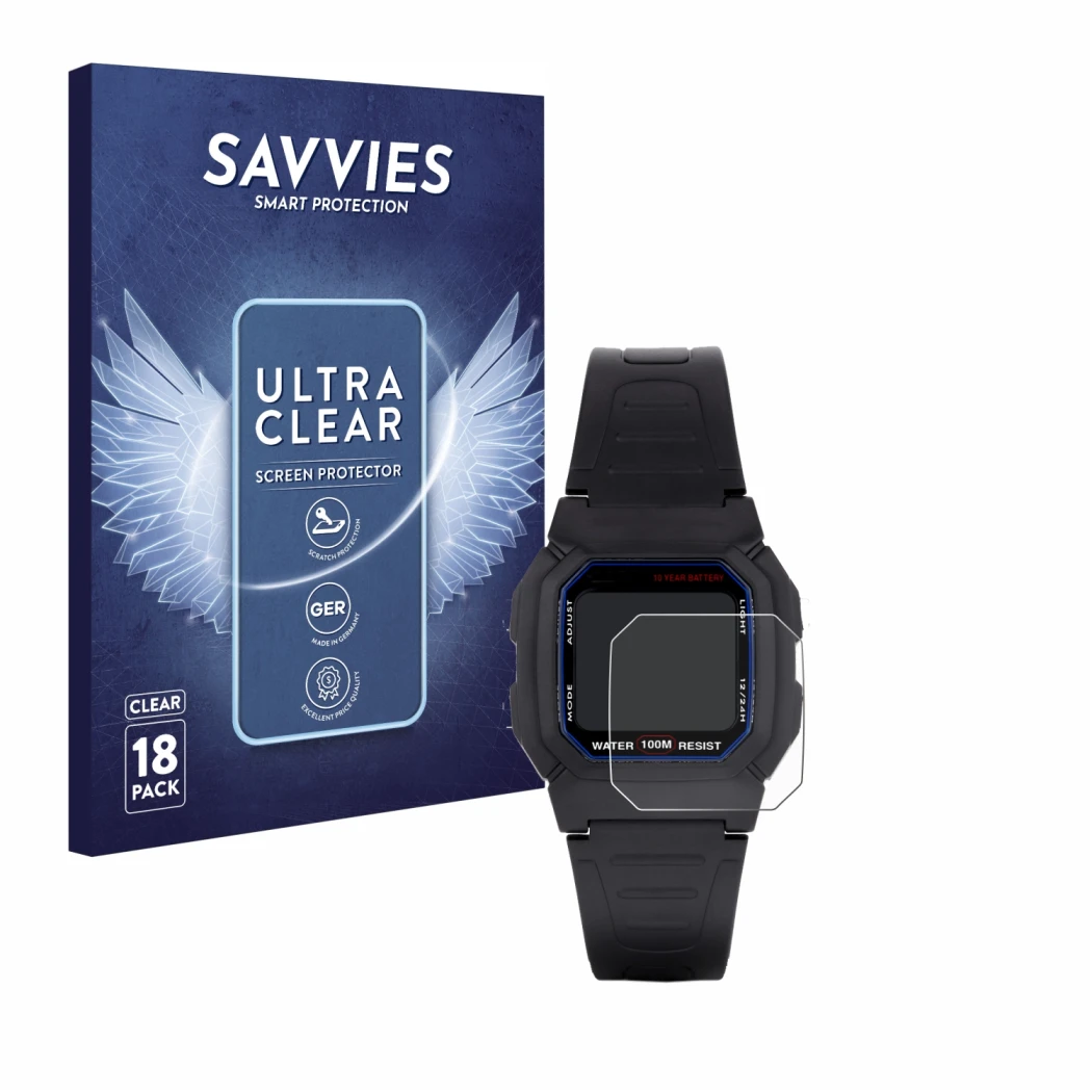 Vorderseite einer Produktverpackung mit dem Markenlogo Savvies. Daneben ist das Gerät Casio W-800H-1AVES mit dem zugehörigen D