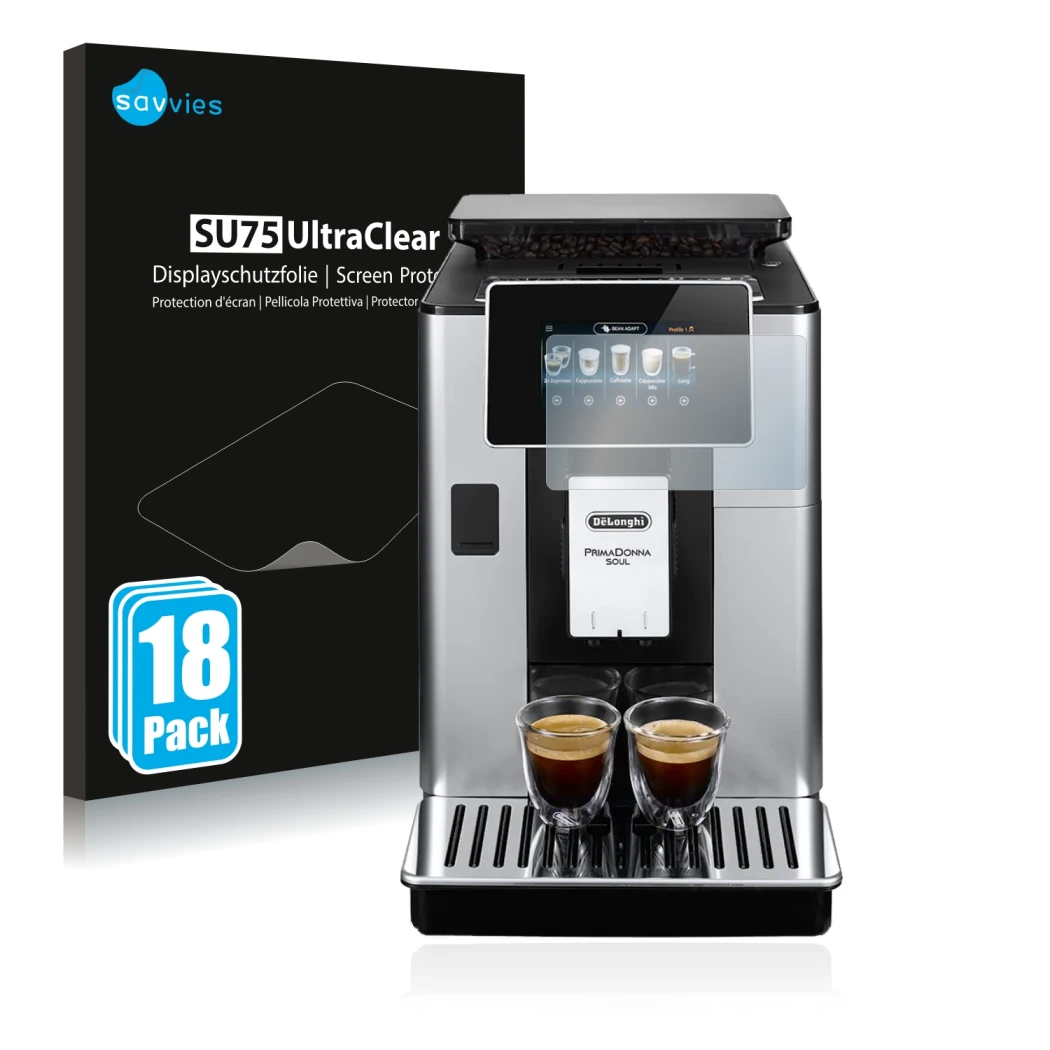 Vorderseite einer Produktverpackung mit dem Markenlogo Savvies. Daneben ist das Gerät DeLonghi PrimaDonna Soul ECAM610.55.SB m