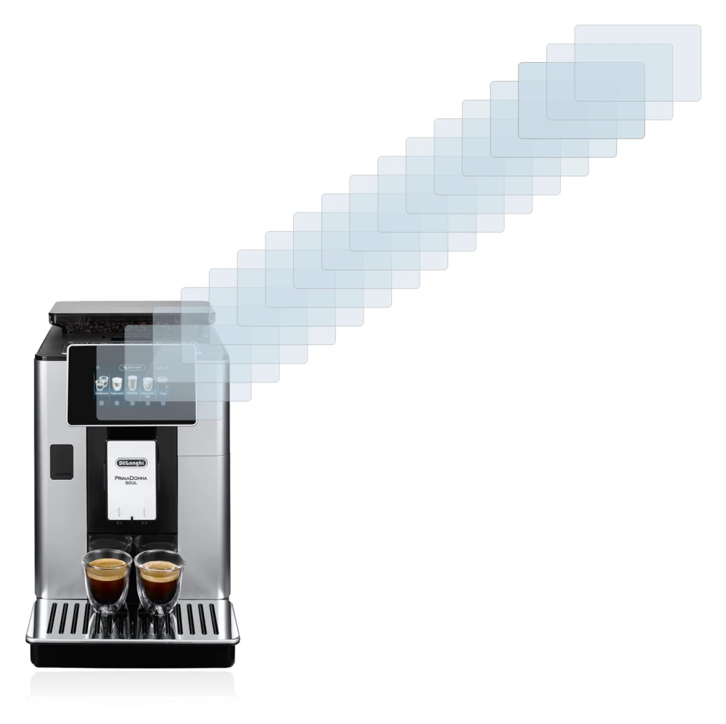 Abbildung des Geräts DeLonghi PrimaDonna Soul ECAM610.55.SB mit einer Vielzahl des Displayschutzes.