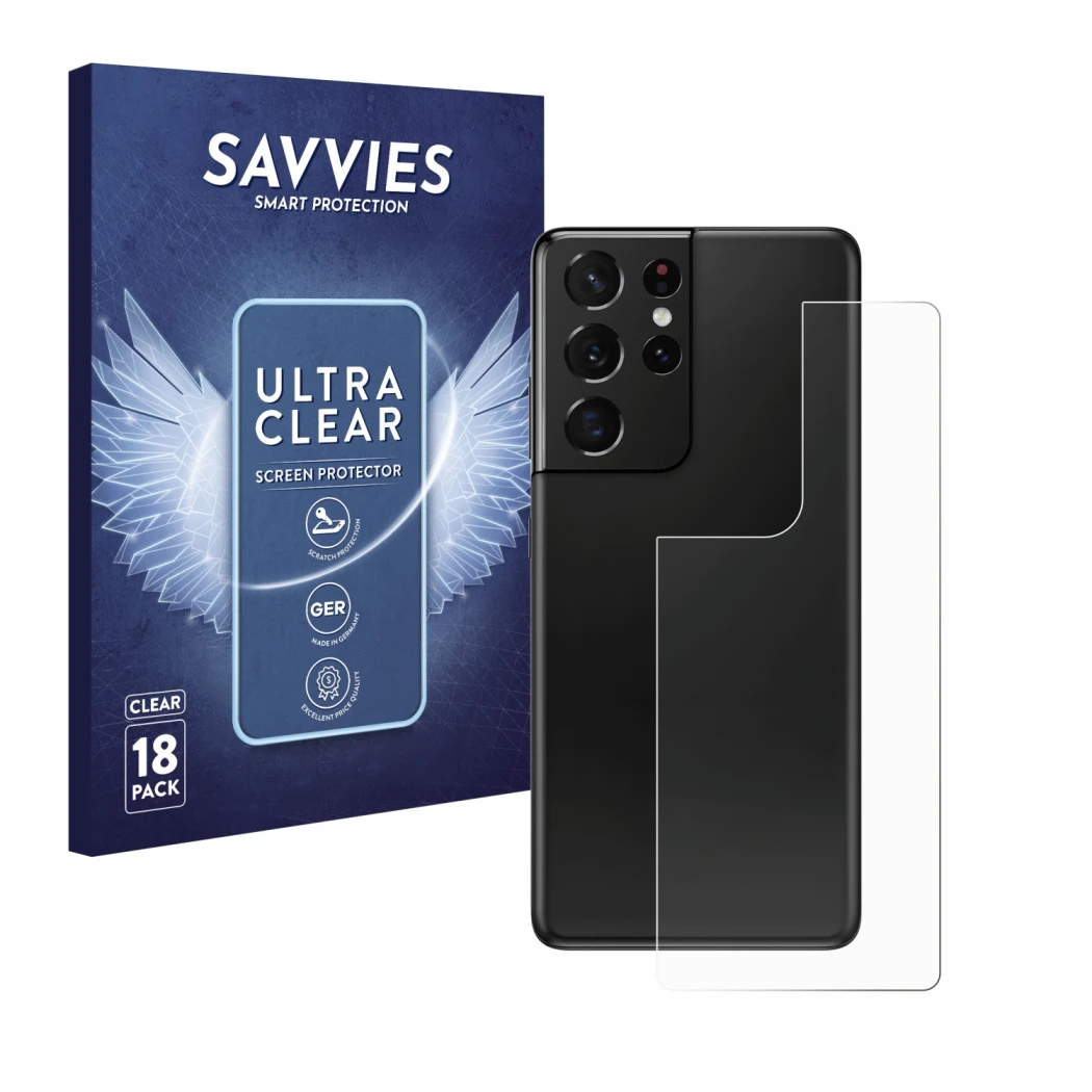 Vorderseite einer Produktverpackung mit dem Markenlogo Savvies. Daneben ist das Gerät Samsung Galaxy S21 Ultra 5G (Rückseite) 