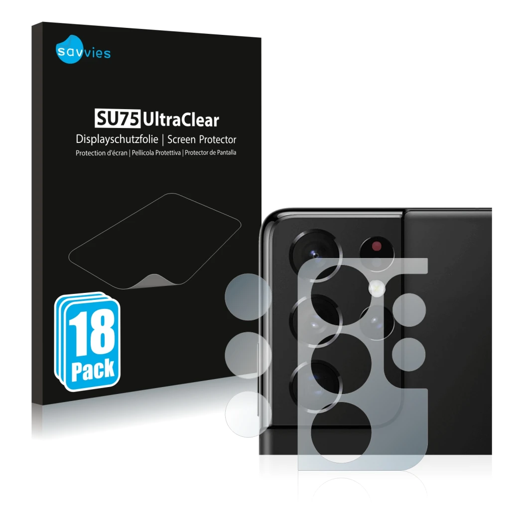 Vorderseite einer Produktverpackung mit dem Markenlogo Savvies. Daneben ist das Gerät Samsung Galaxy S21 Ultra 5G (NUR Kameras