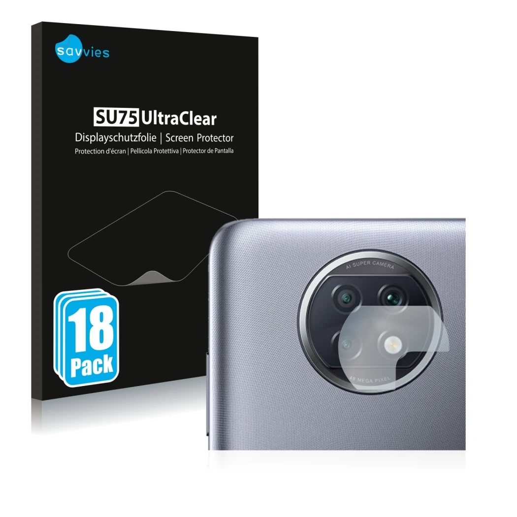 Vorderseite einer Produktverpackung mit dem Markenlogo Savvies. Daneben ist das Gerät Xiaomi Redmi Note 9T 5G (NUR Kameraschut