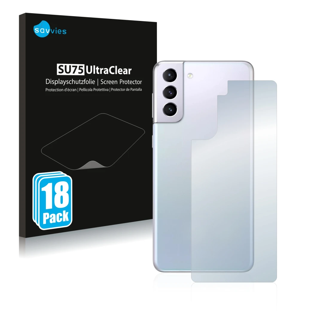 Vorderseite einer Produktverpackung mit dem Markenlogo Savvies. Daneben ist das Gerät Samsung Galaxy S21 (Rückseite) mit dem z