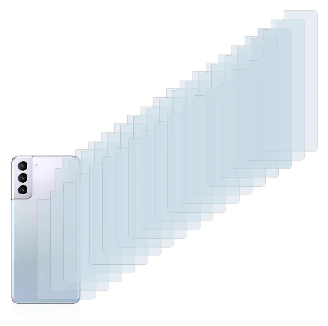 Abbildung des Geräts Samsung Galaxy S21 (Rückseite) mit einer Vielzahl des Displayschutzes.
