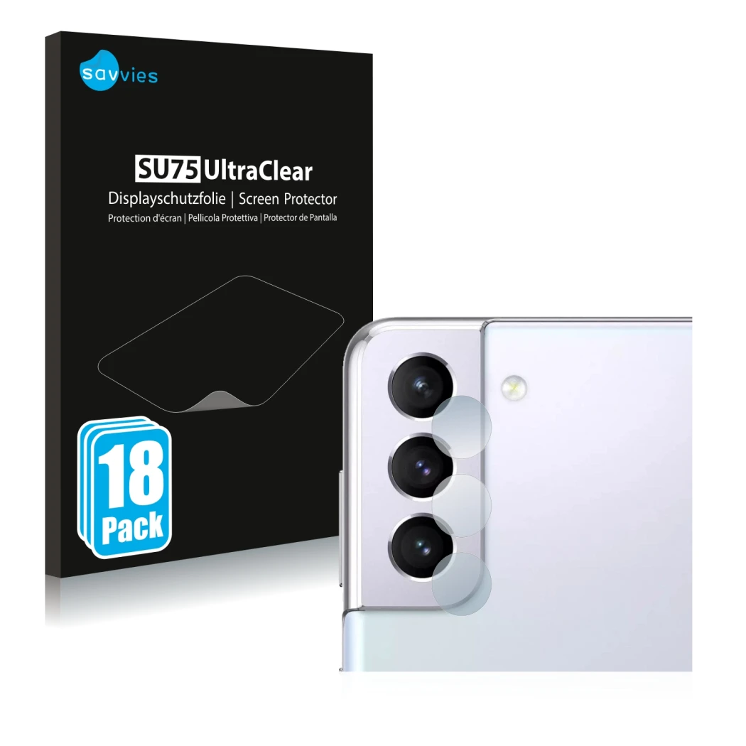 Vorderseite einer Produktverpackung mit dem Markenlogo Savvies. Daneben ist das Gerät Samsung Galaxy S21 (NUR Kameraschutz) mi