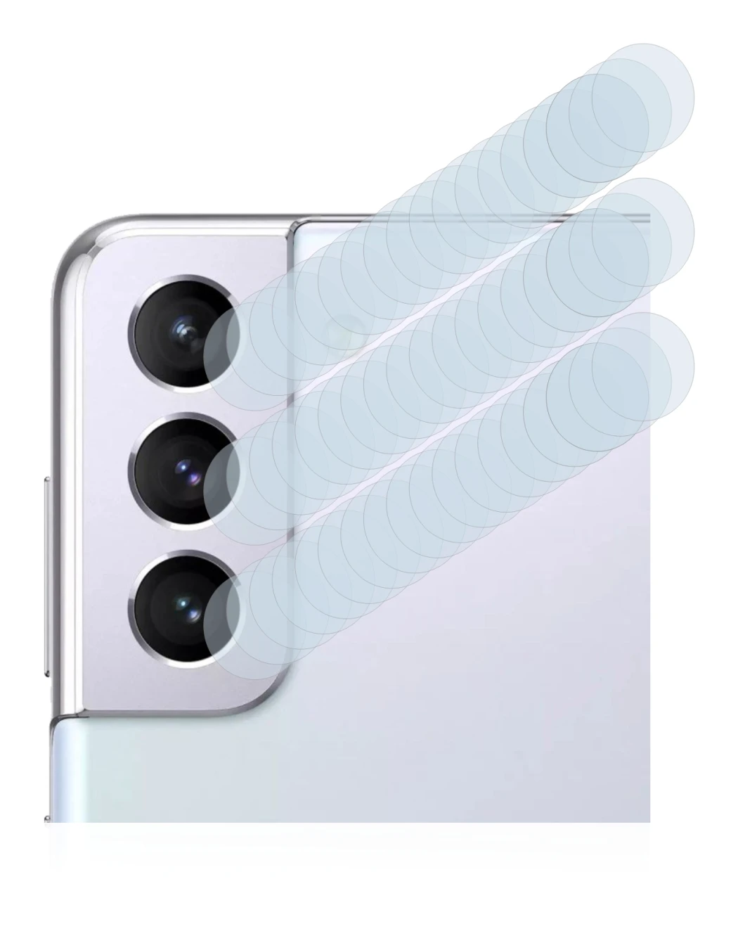 Abbildung des Geräts Samsung Galaxy S21 (NUR Kameraschutz) mit einer Vielzahl des Displayschutzes.