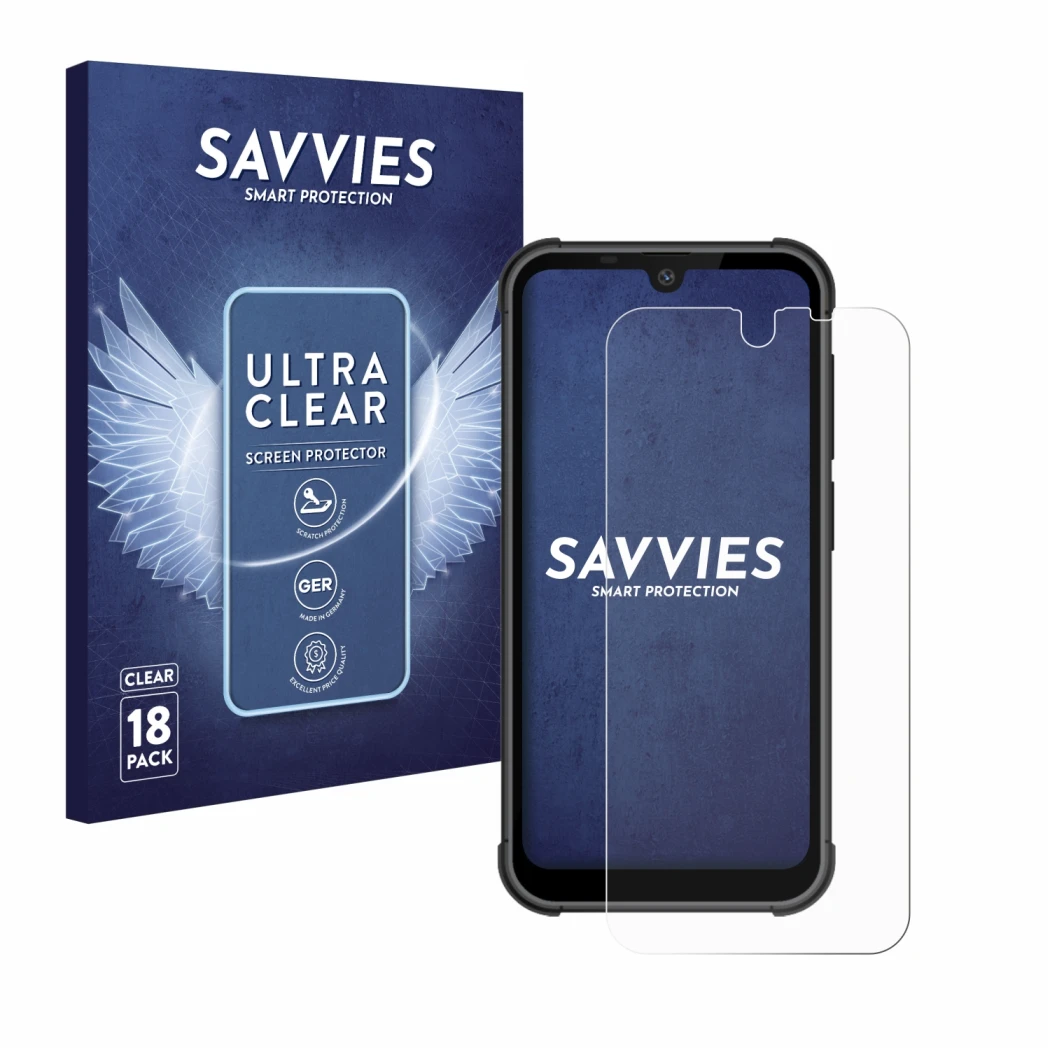 Vorderseite einer Produktverpackung mit dem Markenlogo Savvies. Daneben ist das Gerät Beafon MX1 mit dem zugehörigen Displaysc