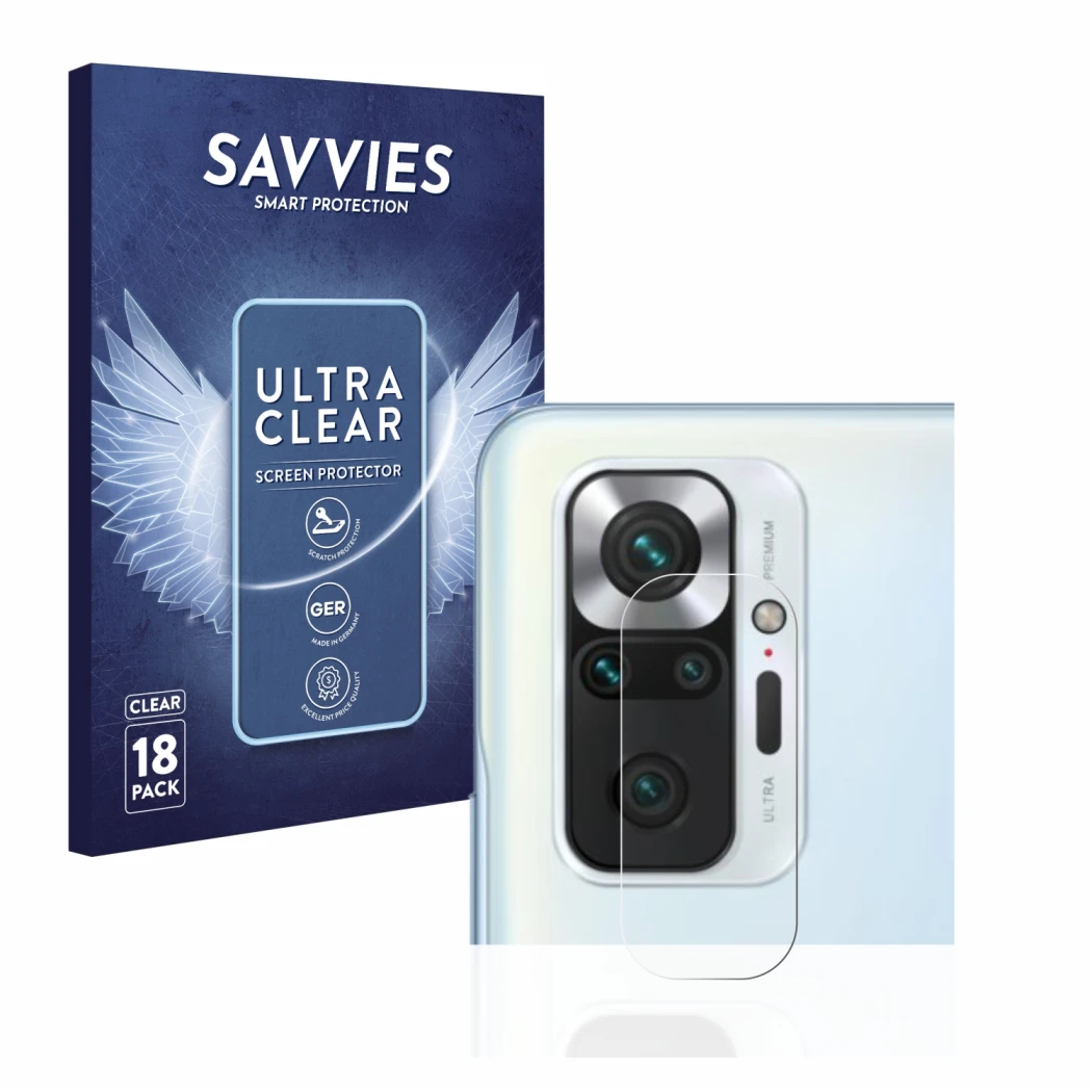 Vorderseite einer Produktverpackung mit dem Markenlogo Savvies. Daneben ist das Gerät Xiaomi Redmi Note 10 Pro (NUR Kameraschu