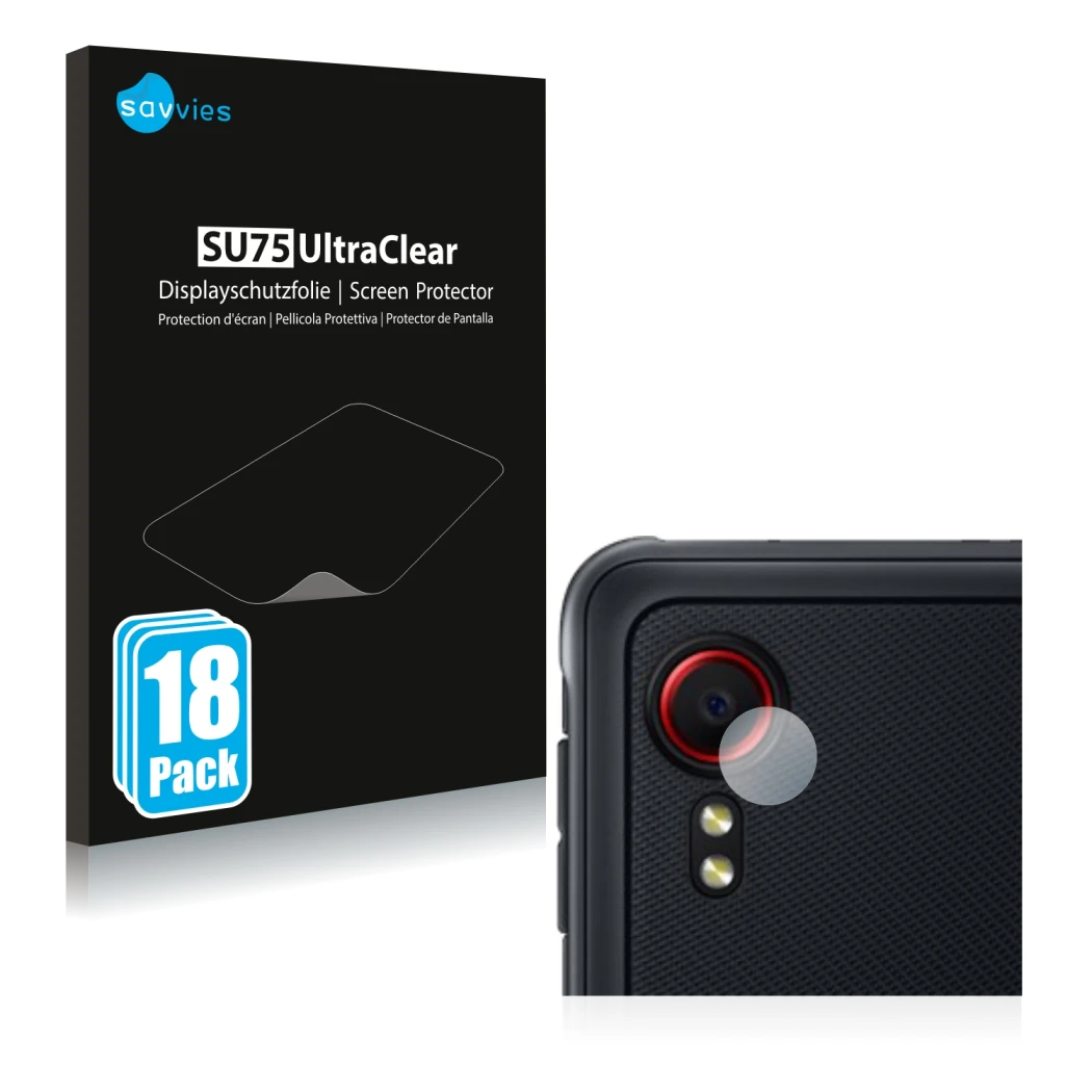 Vorderseite einer Produktverpackung mit dem Markenlogo Savvies. Daneben ist das Gerät Samsung Galaxy XCover 5 (NUR Kameraschut