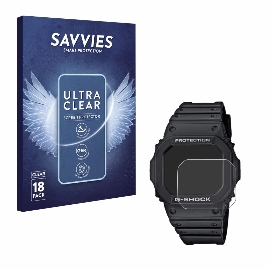 Vorderseite einer Produktverpackung mit dem Markenlogo Savvies. Daneben ist das Gerät Casio G-Shock GW-M5610-1ER mit dem zugeh