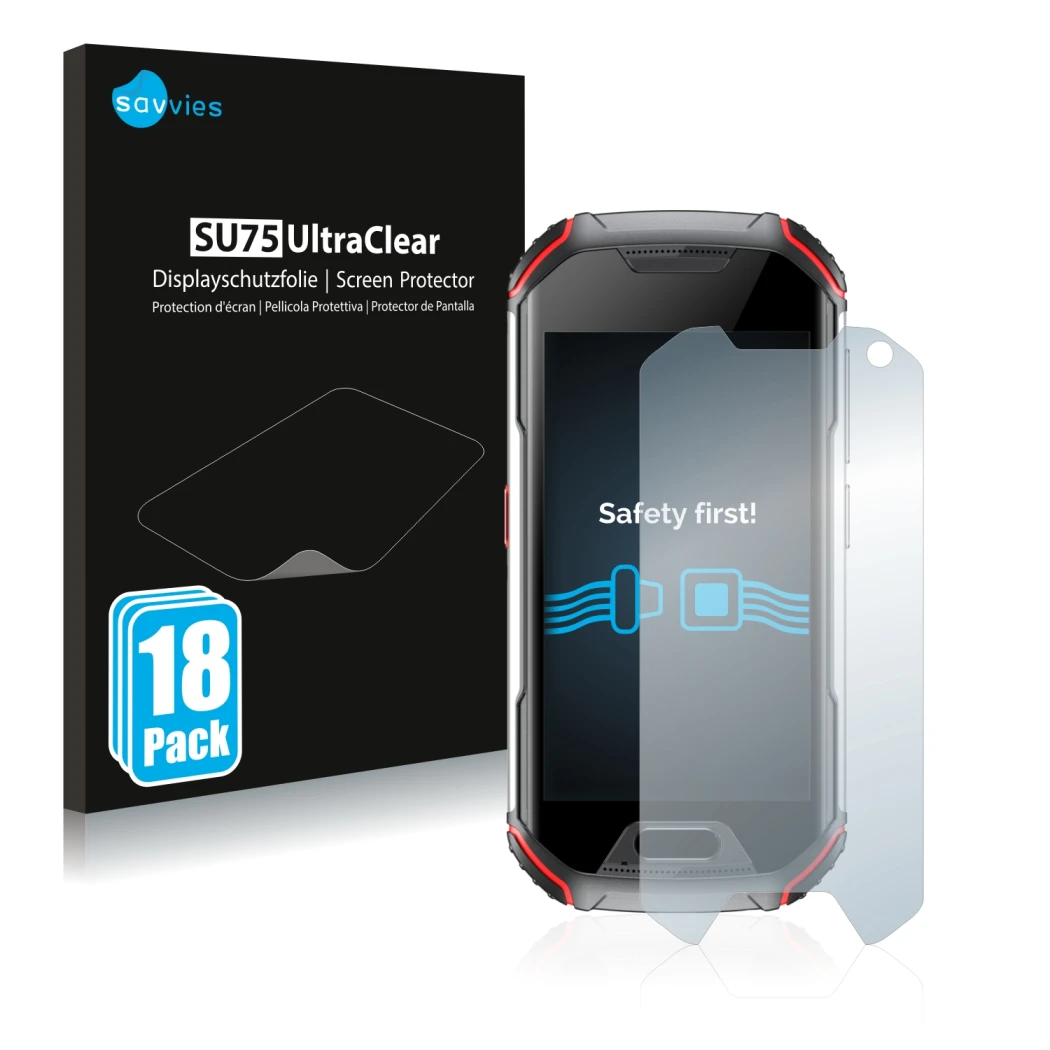 Vorderseite einer Produktverpackung mit dem Markenlogo Savvies. Daneben ist das Gerät Unihertz Atom XL mit dem zugehörigen Dis