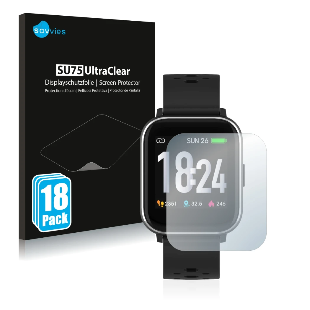 Vorderseite einer Produktverpackung mit dem Markenlogo Savvies. Daneben ist das Gerät Denver SW-163 mit dem zugehörigen Displa