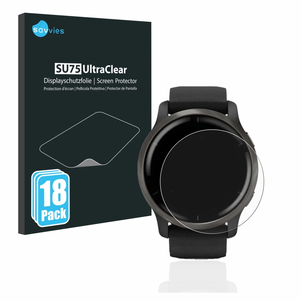 Vorderseite einer Produktverpackung mit dem Markenlogo Savvies. Daneben ist das Gerät Garmin Venu 2 mit dem zugehörigen Displa