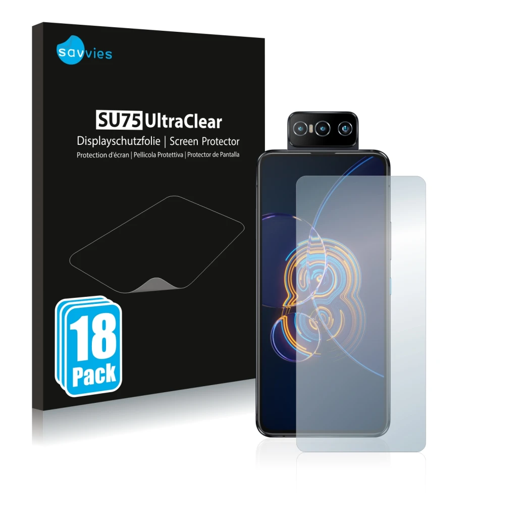 Vorderseite einer Produktverpackung mit dem Markenlogo Savvies. Daneben ist das Gerät ASUS ZenFone 8 Flip mit dem zugehörigen 