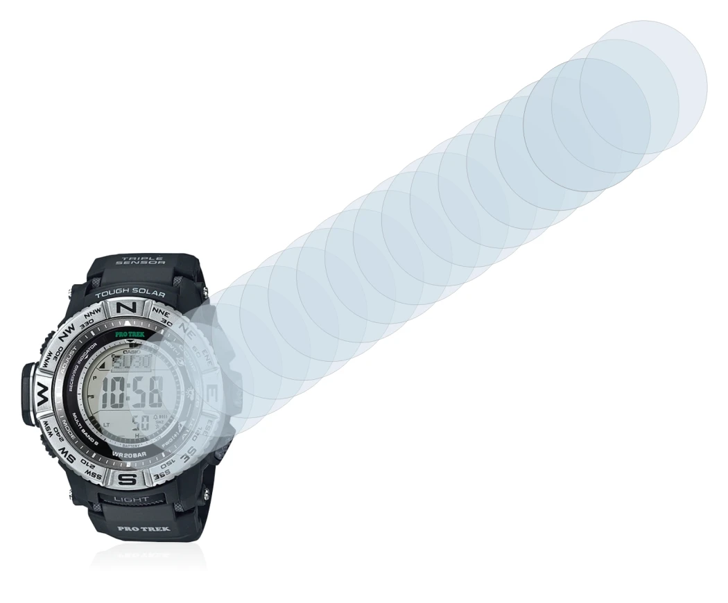 Abbildung des Geräts Casio Pro Trek PRW-3500-1 mit einer Vielzahl des Displayschutzes.