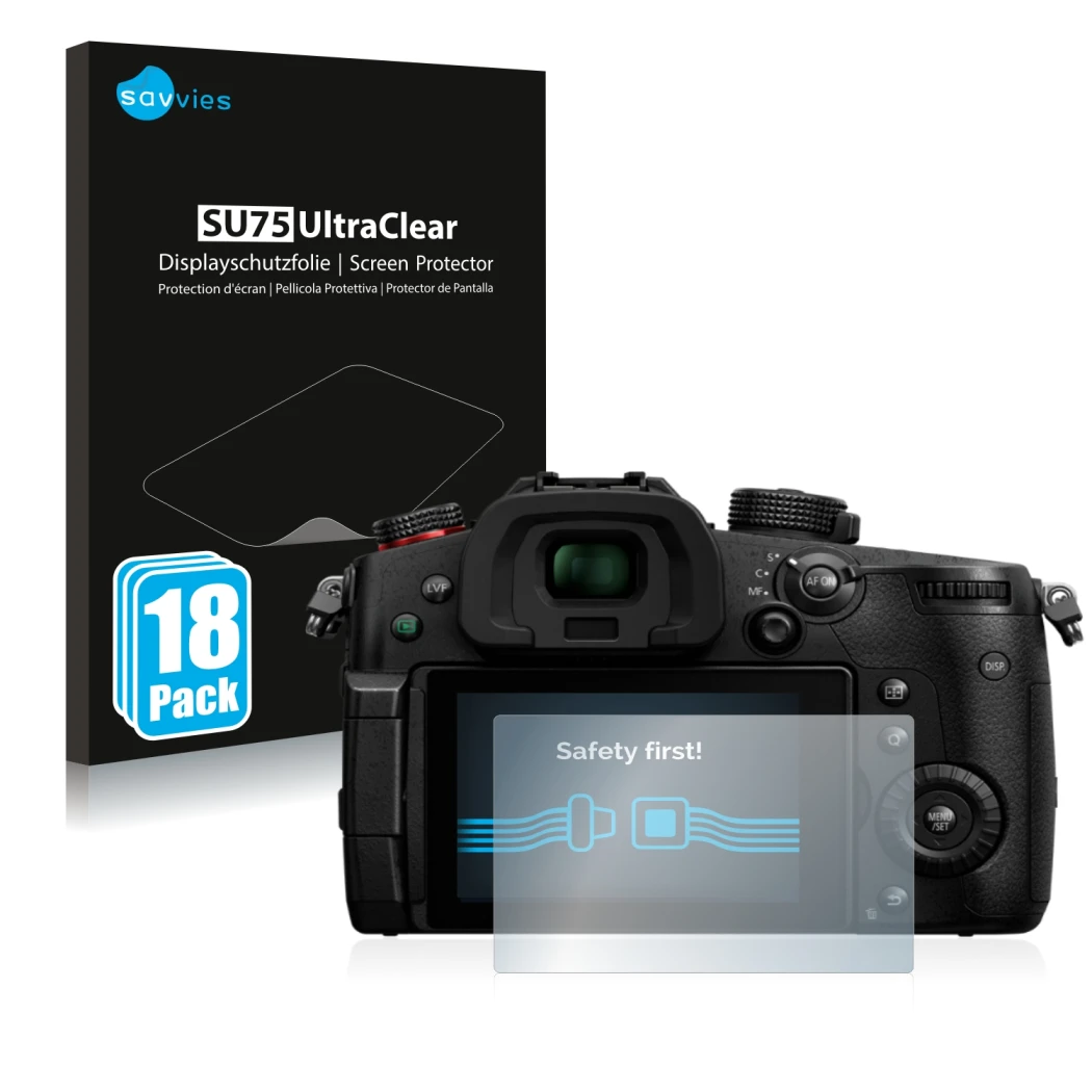 Vorderseite einer Produktverpackung mit dem Markenlogo Savvies. Daneben ist das Gerät Panasonic Lumix DC-GH5 II mit dem zugehö