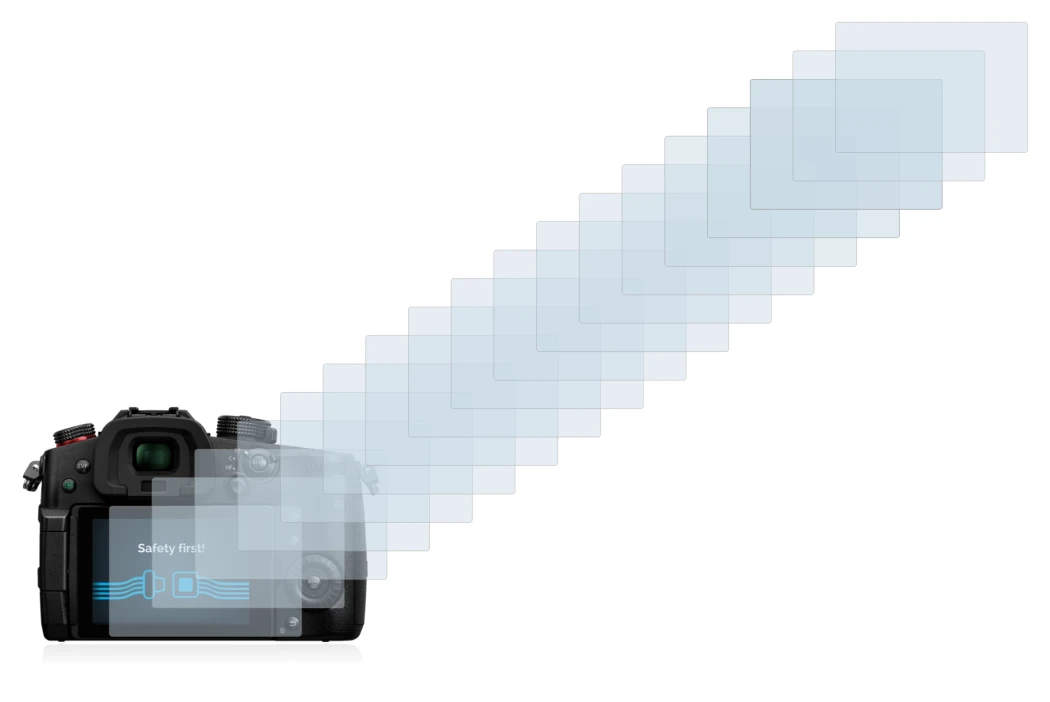 Abbildung des Geräts Panasonic Lumix DC-GH5 II mit einer Vielzahl des Displayschutzes.