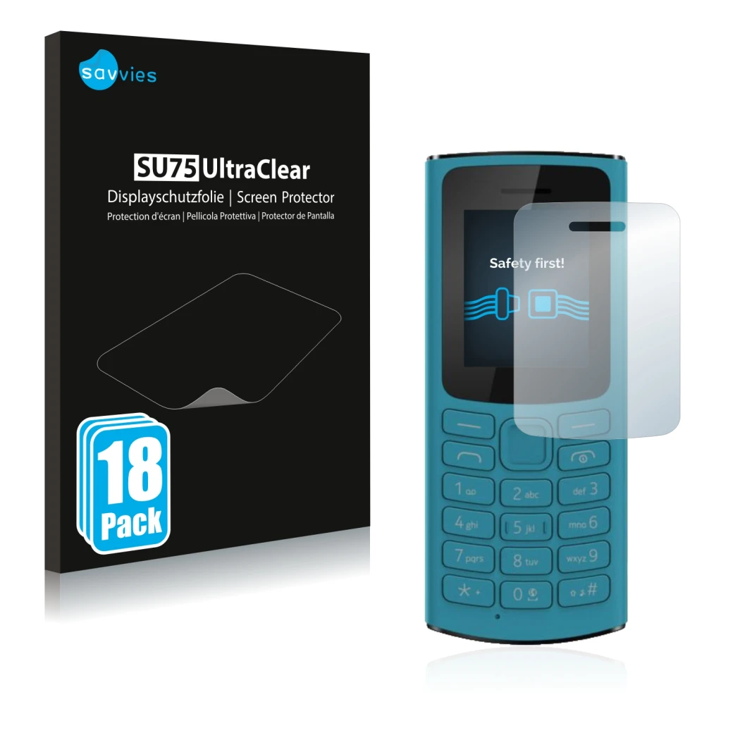 Vorderseite einer Produktverpackung mit dem Markenlogo Savvies. Daneben ist das Gerät Nokia 105 4G 2021 mit dem zugehörigen Di