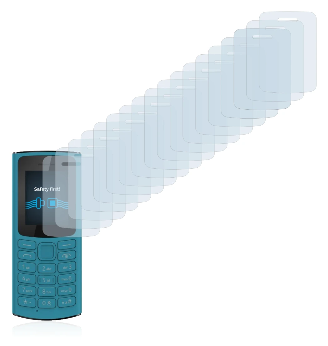 Abbildung des Geräts Nokia 105 4G 2021 mit einer Vielzahl des Displayschutzes.
