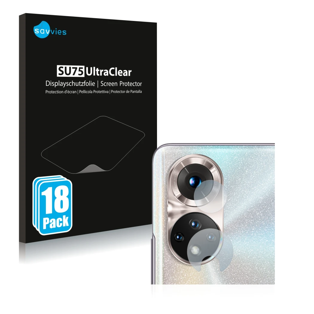 Vorderseite einer Produktverpackung mit dem Markenlogo Savvies. Daneben ist das Gerät Honor 50 (NUR Kameraschutz) mit dem zuge