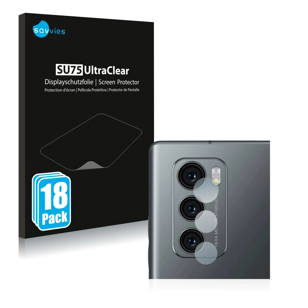 Vorderseite einer Produktverpackung mit dem Markenlogo Savvies. Daneben ist das Gerät LG Wing (NUR Kameraschutz) mit dem zugeh