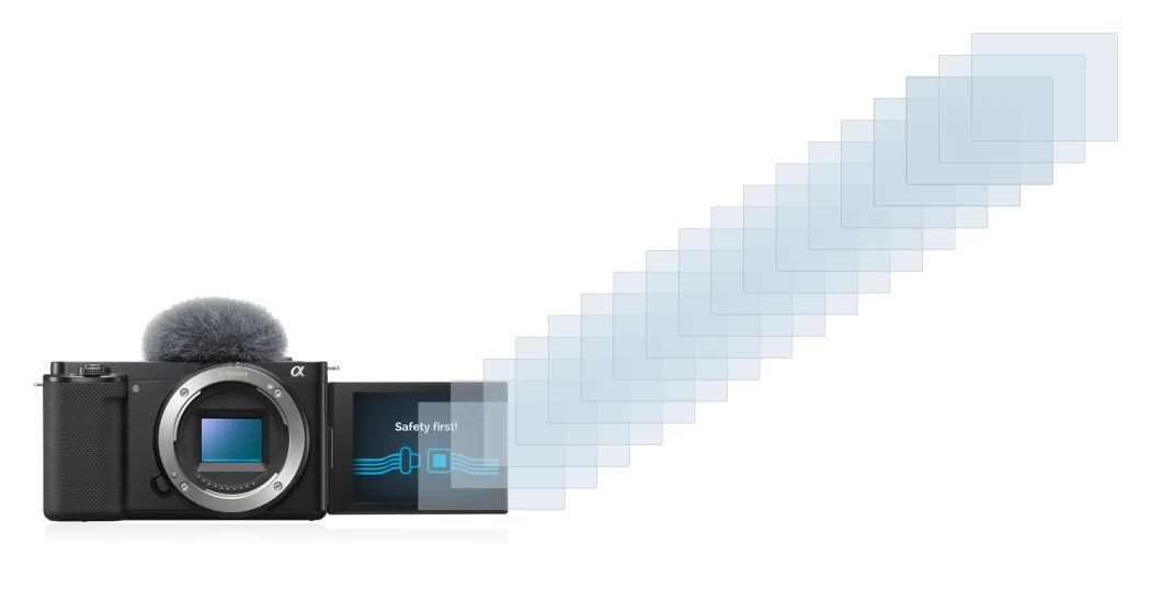 Abbildung des Geräts Sony Alpha ZV-E10 mit einer Vielzahl des Displayschutzes.