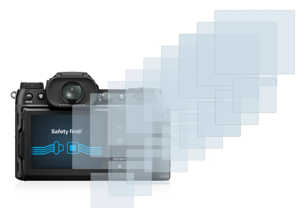 Abbildung des Geräts Fujifilm GFX50S II mit einer Vielzahl des Displayschutzes.