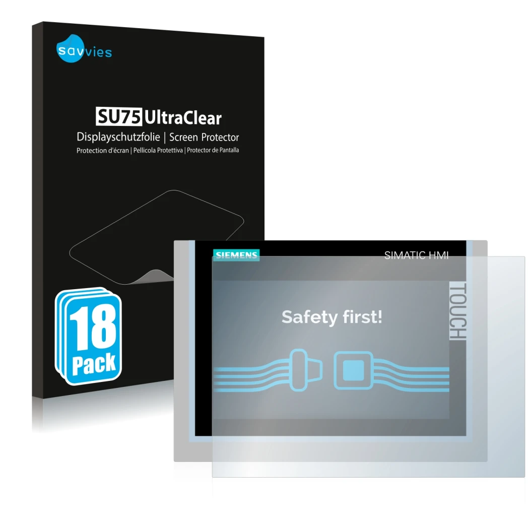 Vorderseite einer Produktverpackung mit dem Markenlogo Savvies. Daneben ist das Gerät Siemens Simatic HMI TP700 Comfort mit de