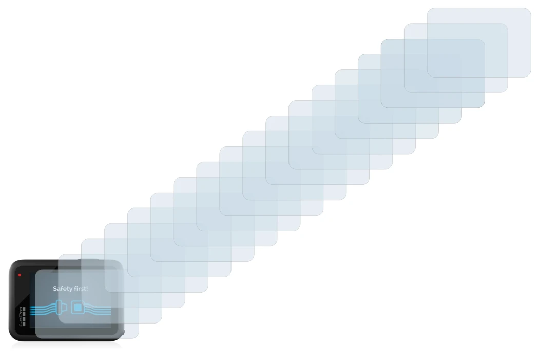 Abbildung des Geräts GoPro Hero 10 Black mit einer Vielzahl des Displayschutzes.