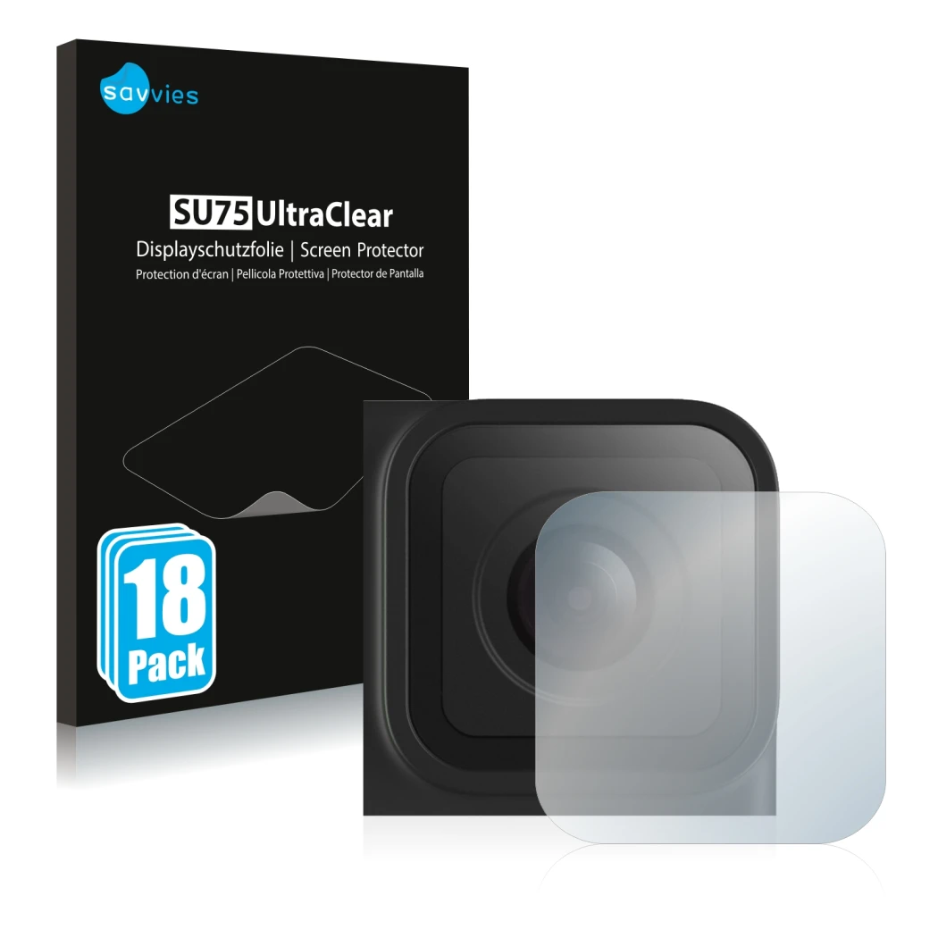 Vorderseite einer Produktverpackung mit dem Markenlogo Savvies. Daneben ist das Gerät GoPro Hero 10 Black Linse (Gehäuse) mit 