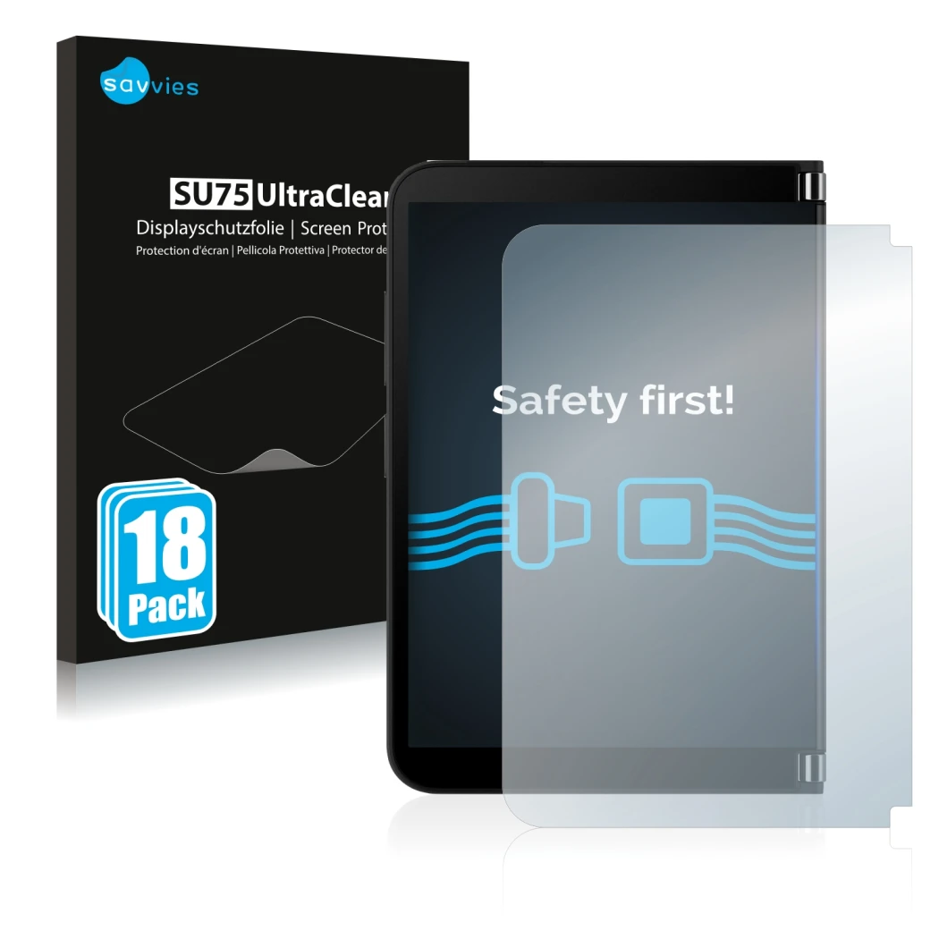 Vorderseite einer Produktverpackung mit dem Markenlogo Savvies. Daneben ist das Gerät Microsoft Surface Duo 2 (Äußeres Display