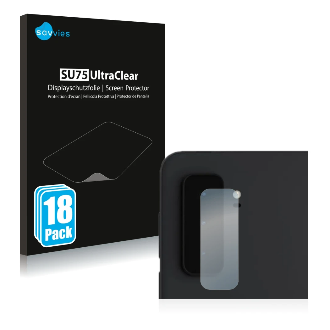 Vorderseite einer Produktverpackung mit dem Markenlogo Savvies. Daneben ist das Gerät Microsoft Surface Duo 2 (NUR Kameraschut