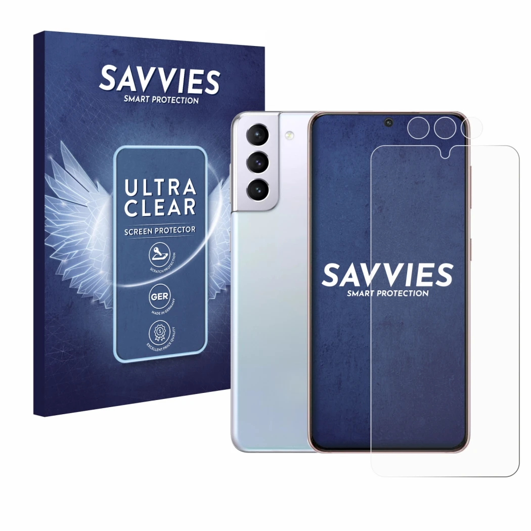 Vorderseite einer Produktverpackung mit dem Markenlogo Savvies. Daneben ist das Gerät Samsung Galaxy S21 (Display+Kamera) mit 